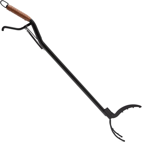 Log Grabber - 40" Long Fire Pit Tong with Durable Steel Shaft, Ergonomic Leatherette Handle, Triple Prong Design, and Heat-Resistant Black Coating