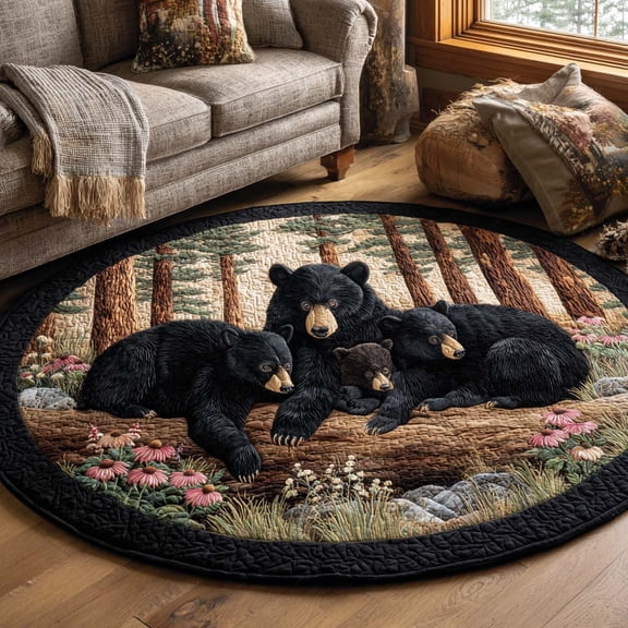 Log Rest Quilted Round Mat, Rustic Woodland Round Floor Mat, Cabin Nature Home Decor Rug, Quilted Area Carpet for Bedroom Living Room