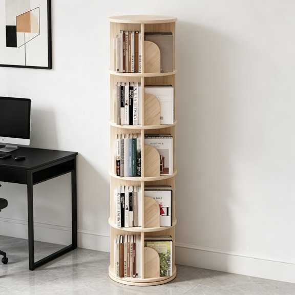 Log Rotating Bookshelf Tower, Standing Bookcase Storage Rack for Adults, 5-Layer Corner Bookshelf for Living Room Study Room Bedroom and Classroom