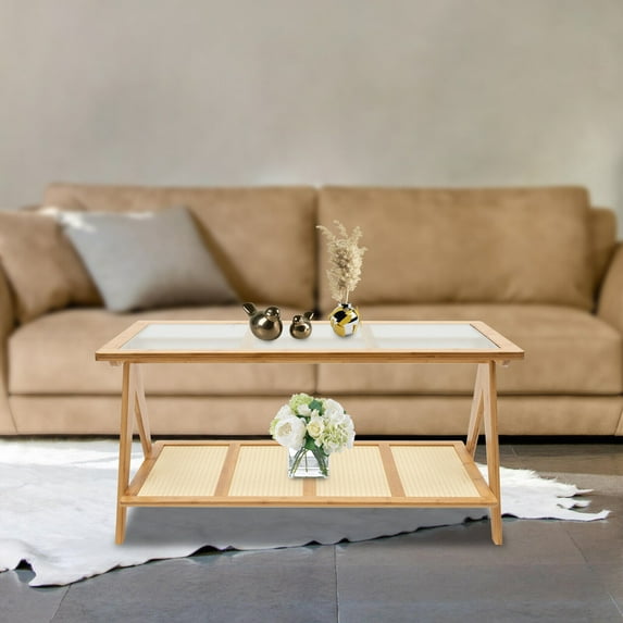 Log Style Faux Rattan Double-layer Bamboo Coffee Table 100*50*50cm Modern