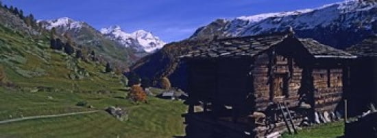 Log cabins on a landscape Matterhorn Valais Switzerland Canvas Art - Panoramic Images (36 x 13)