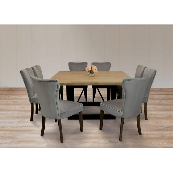 Logan 9-Piece Set with 8 Cleo Solid Wood Side Chairs in Mink with Brown Legs