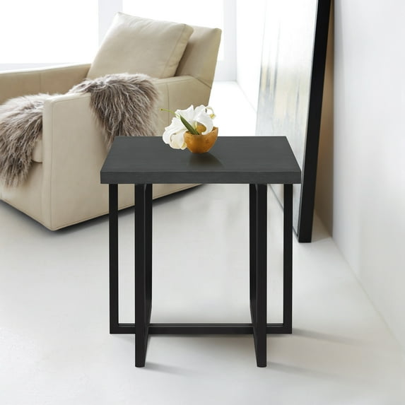 Armen Living Logan Contemporary End Table with Black Iron Finish and Grey Wood Top
