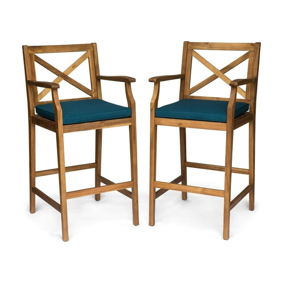 Logan Outdoor Acacia Wood Barstool, Teak and Blue