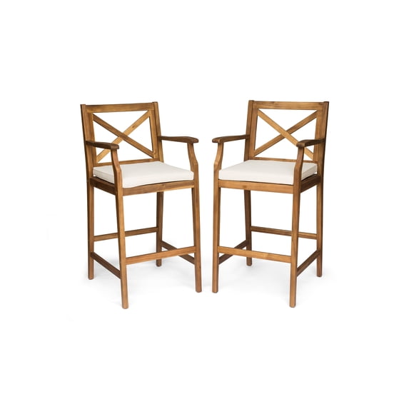 Logan Outdoor Acacia Wood Barstool, Teak and Cream