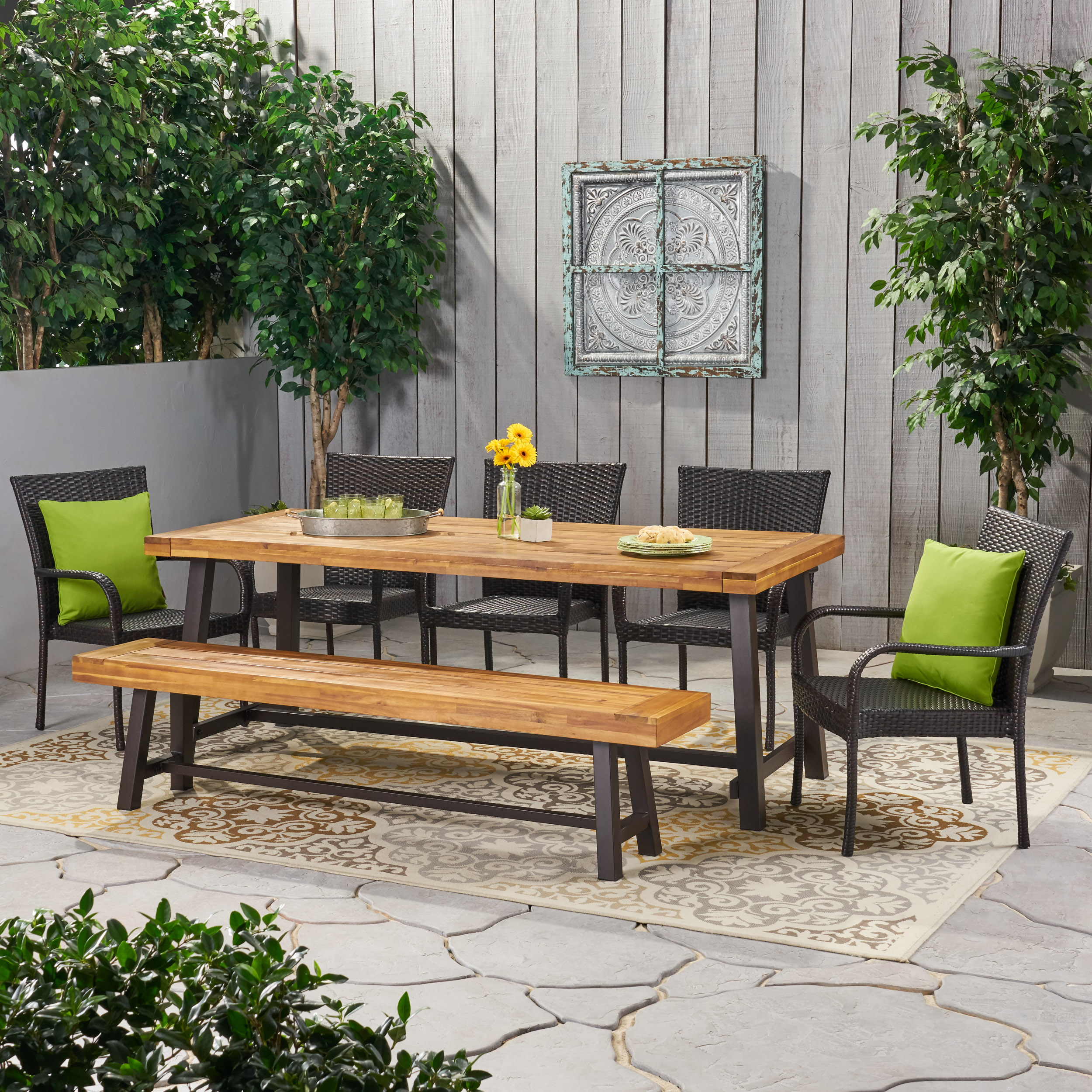 Logan Outdoor Rustic Acacia Wood 8 Seater Dining Set with Dining Bench, Teak, Black and Multi-Brown - image 1 of 10