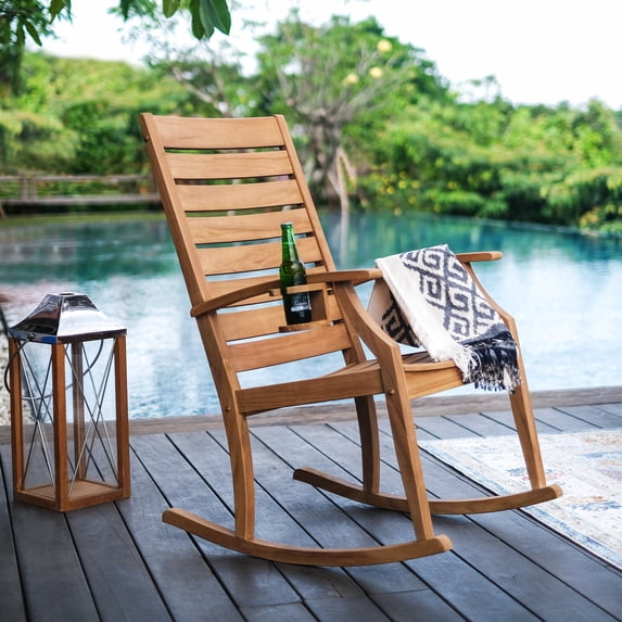 Logan Solid Teak Outdoor Rocking Chair with Bottle Holder, Natural Teak