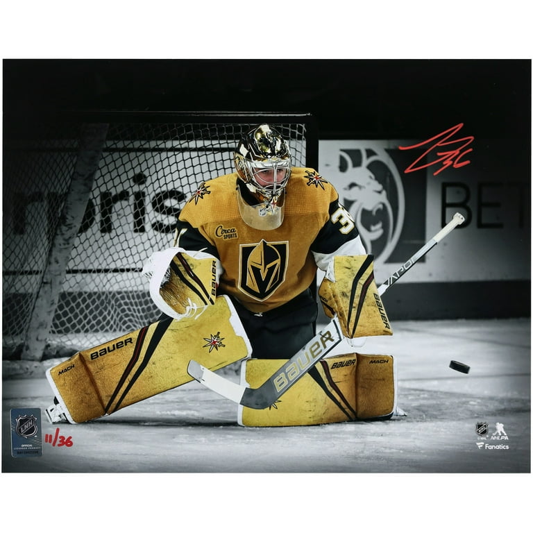 Logan Thompson Vegas Golden Knights Autographed 11 x 14 Gold Jersey with Puck Photograph - Limited Edition of 36