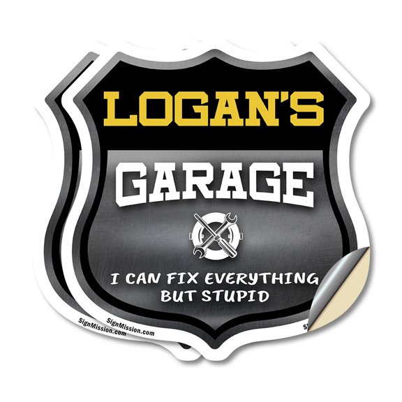 Logan's Garage I Can Fix Everything But Stupid (2 Pack) 6 inch X 6 inch Shield Shaped Heavy Duty 3.2 mil Vinyl Decals To last, Gift for Dads and Uncles Classic Americana Crafted in the