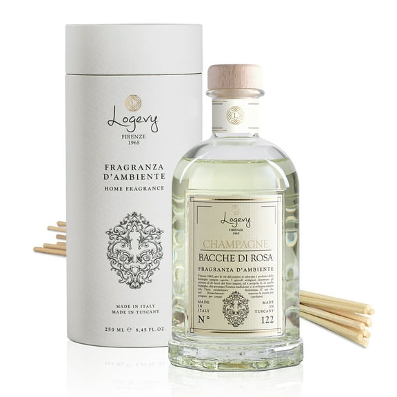 Logevy Firenze 1965 Champagne e Bacche di Rosa - Champagne and Rose Berries Luxury Home Fragrance Diffuser with Floral & Fruity Notes in Elegant Glass Bottle with 10 Natural Bamboo Reeds - 250ml