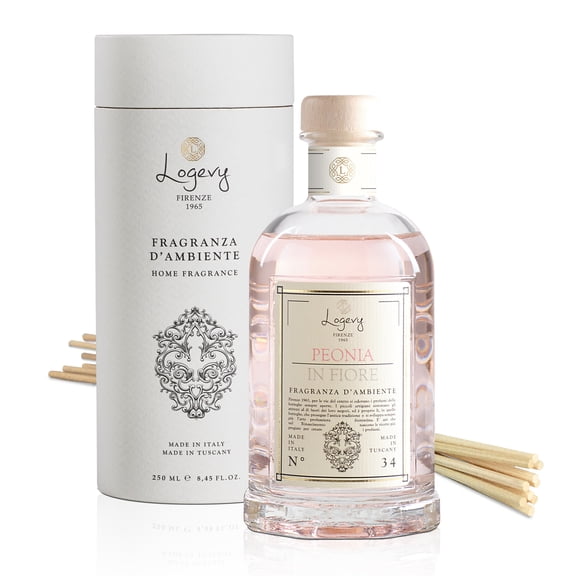Logevy Firenze 1965 Peonia in Fiore - Peony in Bloom Luxury Home Fragrance Diffuser from Master Perfumer in Italy with Sweet Floral Notes in Elegant Glass Bottle with 10 Natural Bamboo Reeds- 250ml