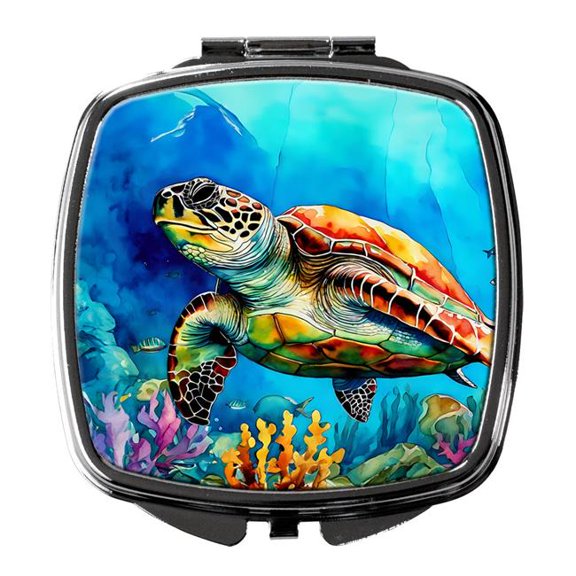 Loggerhead Sea Turtle Compact Mirror - Silvertone - 3 x 2.75 in. - Stylish Artwork