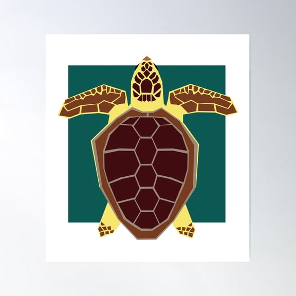Loggerhead Sea Turtle Geometric Art With Dark Green Square Poster Wall Art, Modern Wall Decor For Living Room Bedroom, 17x17 UNFRAMED