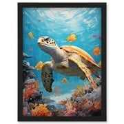 Loggerhead Sea Turtle in Coral Reef Bright Detailed Artwork Caretta Swimming with Yellow Striped Fish Artwork Framed Wall Art Print A4