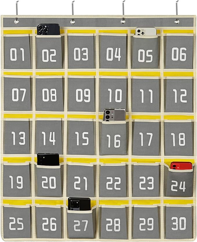 Numbered Pocket Chart Organizer - Hanging Classroom Phone & Sundry Storage, Blue Cloth, 66x65cm, With 30+ Pockets