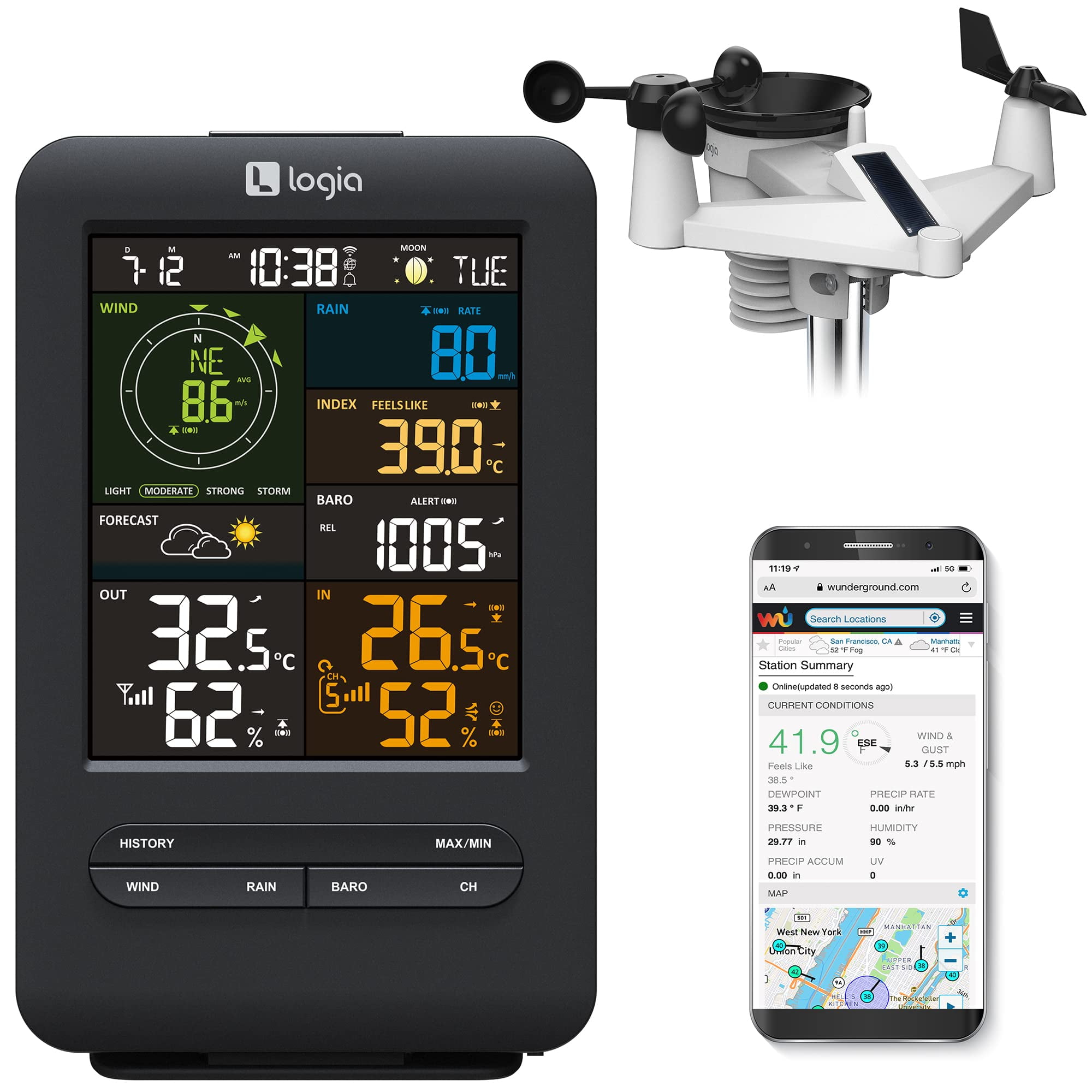 Logia 5-in-1 Wireless Solar Weather Station with LCD Display
