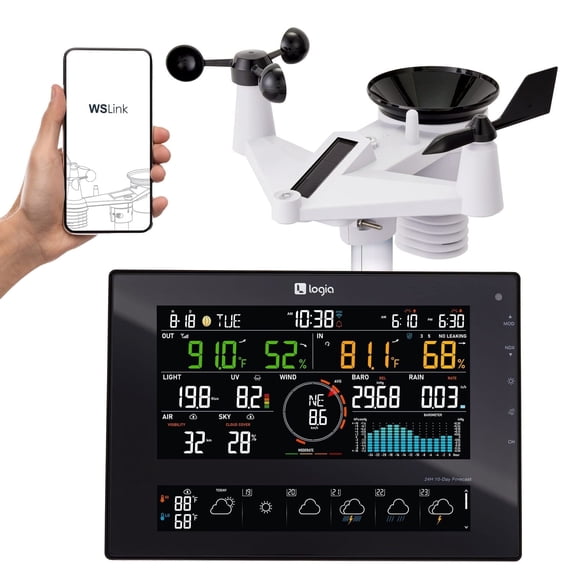 Logia 7-in-1 Wifi Wireless Weather Station with 10-Day Forecast, Solar and Large 8" LED Display