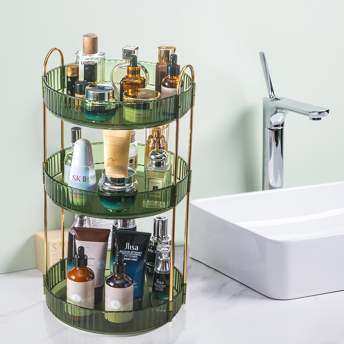 Makeup Organizer Rotating EcoFriendly Compact Modern Bamboo Skincare Cosmetic and Vanity