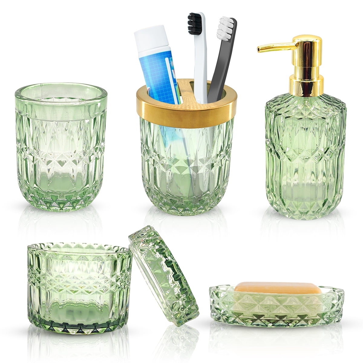Leaf Design 5PCS Set Glass Bath Accessories Hand Soap Dispenser & Tumbler &  Soap Dish & Toothbrush Holder & Tray - China Accessories Set and Bathroom  Accessories Set price
