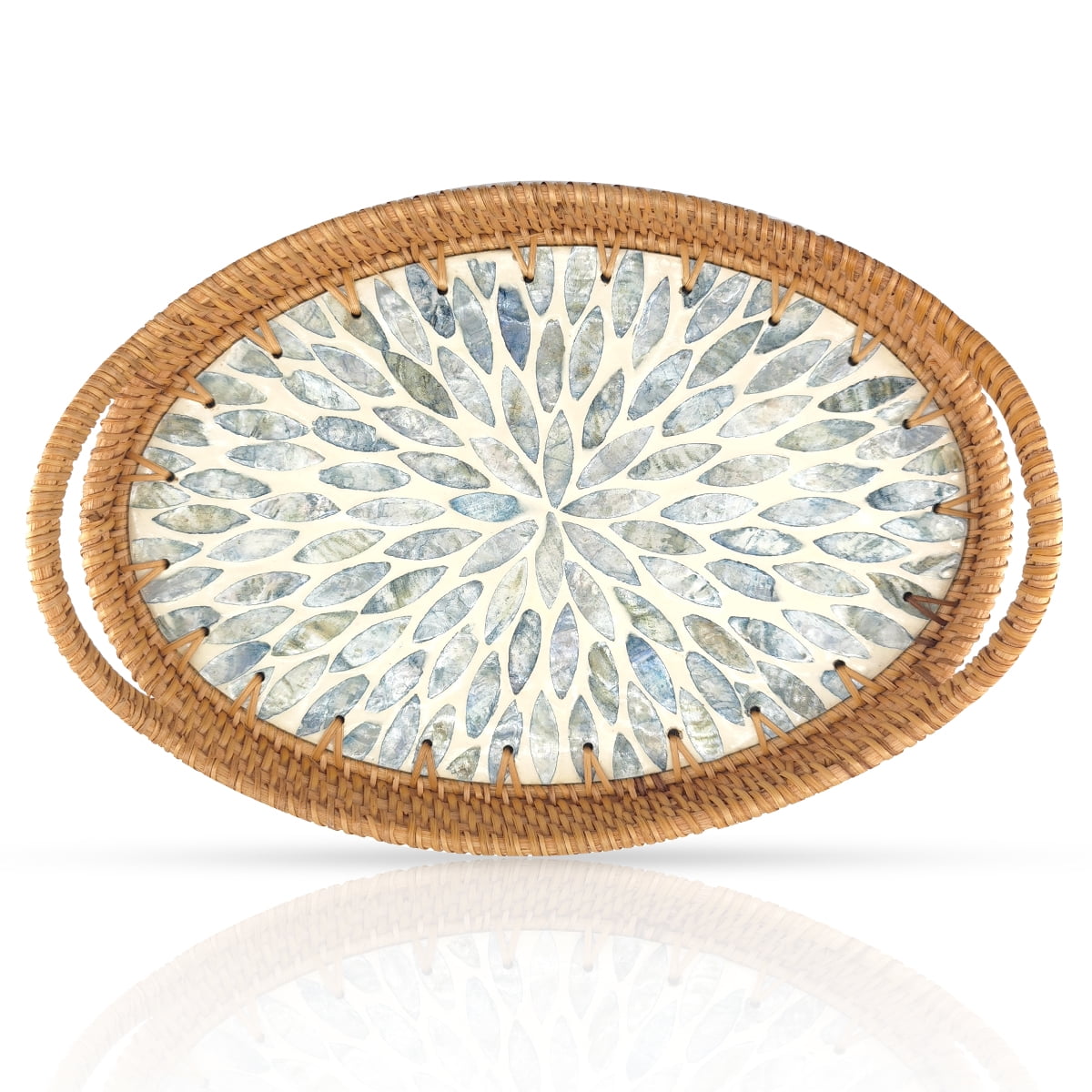 Logianis Rattan Decorative Tray Boho Serving tray Coffee Table Trays with Mother of Pearl Inlay