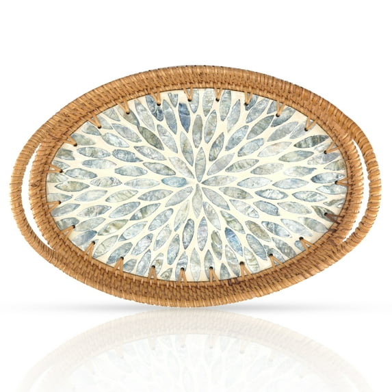 Logianis Rattan Decorative Tray Boho Serving tray Coffee Table Trays with Mother of Pearl Inlay Base Roval Blue