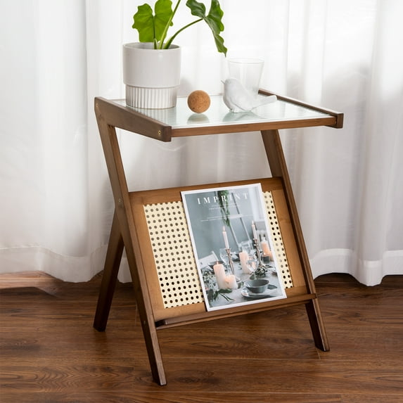 Logianis Rattan Side Table Night Stand with Glass Top Small End Tables Bamboo Coffee Table 22"*17"*14" Brown