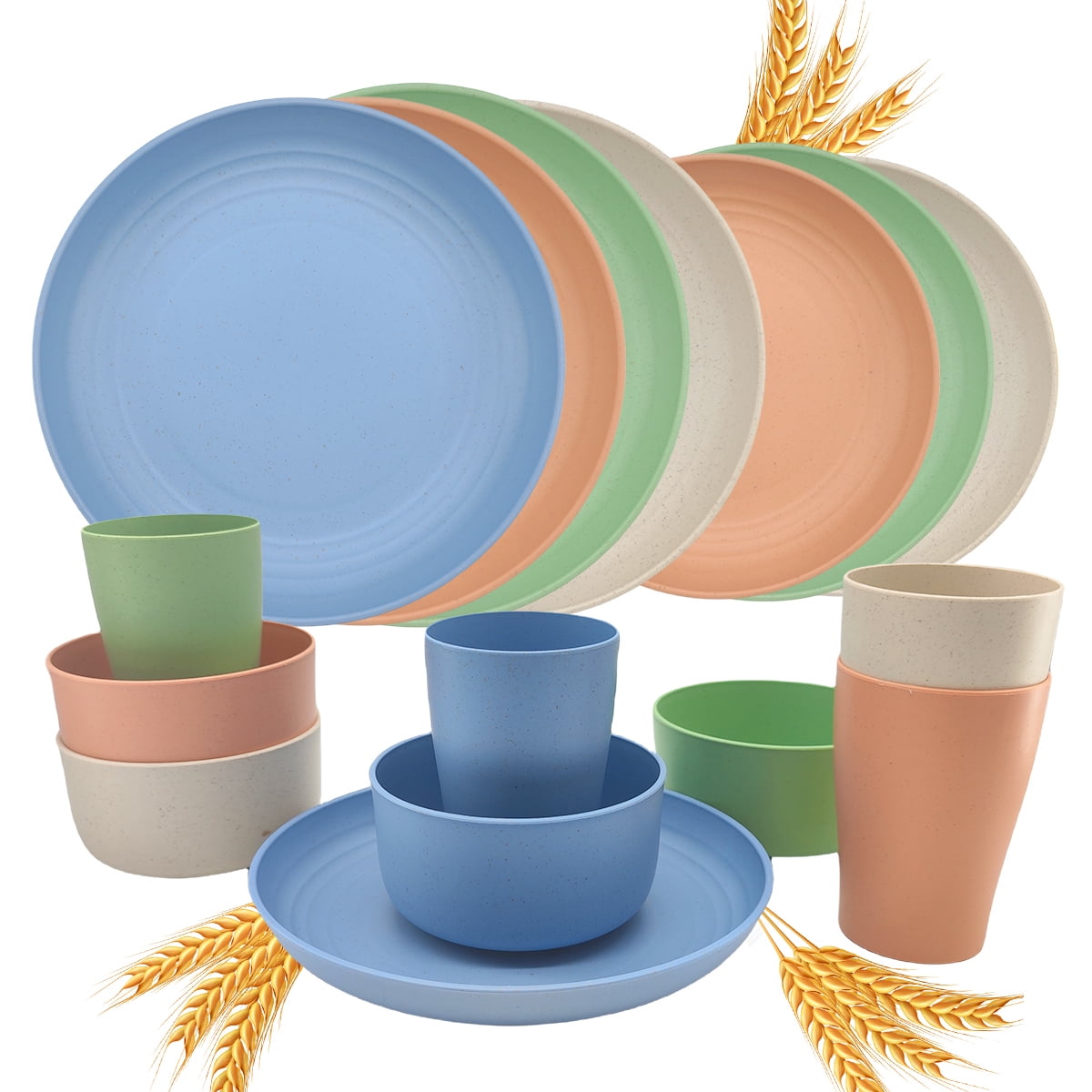 Logianis 16 Piece Wheat Straw Dinnerware Set, Unbreakable, Reusable