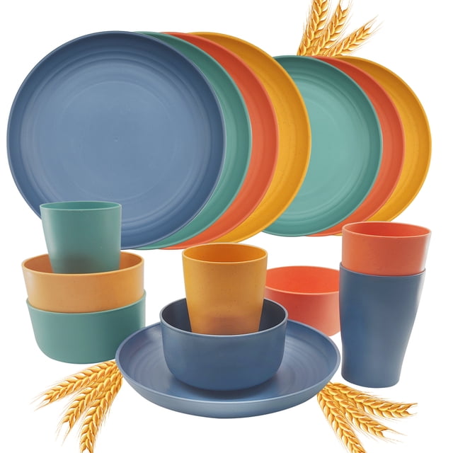 Logianis 16-Piece Wheat Straw Dinnerware Set: Unbreakable, Reusable ...