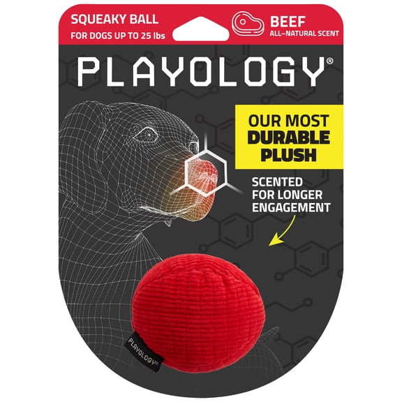 Playology Dog Toys | Plush Squeaky Ball, Beef Scented Toy - Small