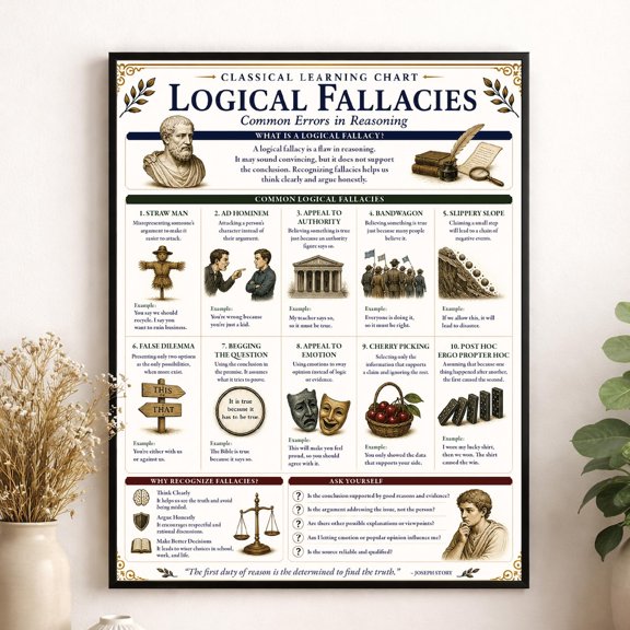 Logical Fallacies Chart Wall Art Print, Unframed Paper Poster 8x10in