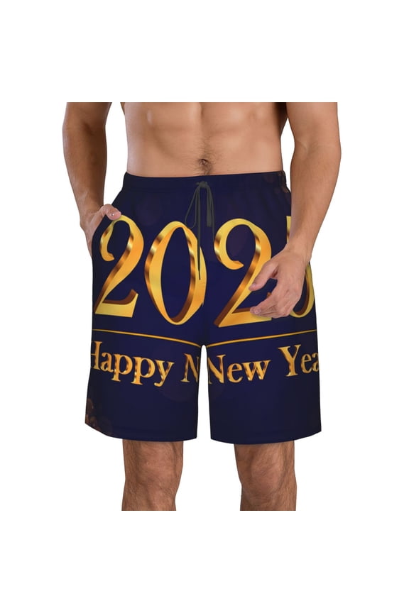 2025 Happy New Year 3 Print Mens Swim Trunks Quick Dry Board Shorts,Breathable Hawaii Beach Shorts Swimwear Bathing Suits-Medium
