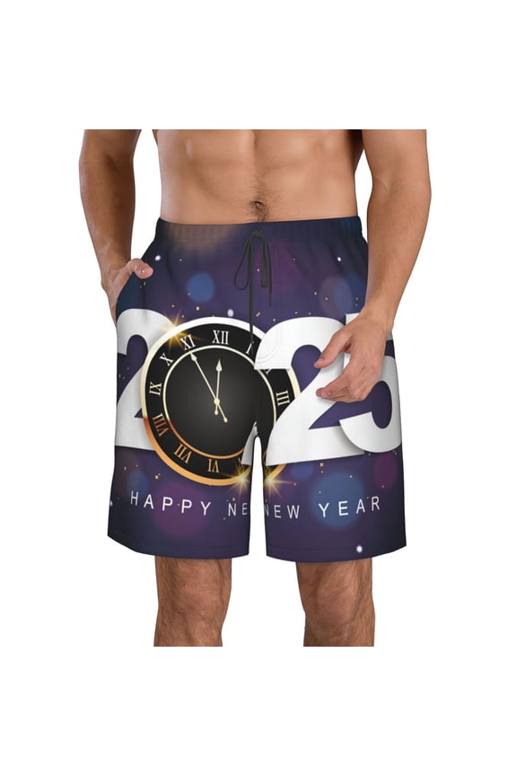 2025 Happy New Year 4 Print Mens Swim Trunks Quick Dry Board Shorts,Breathable Hawaii Beach Shorts Swimwear Bathing Suits-Small