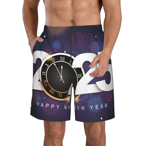Logiee 2025 Happy New Year 4 Print Mens Swim Trunks Quick Dry Board Shorts,Breathable Hawaii Beach Shorts Swimwear Bathing Suits-Small