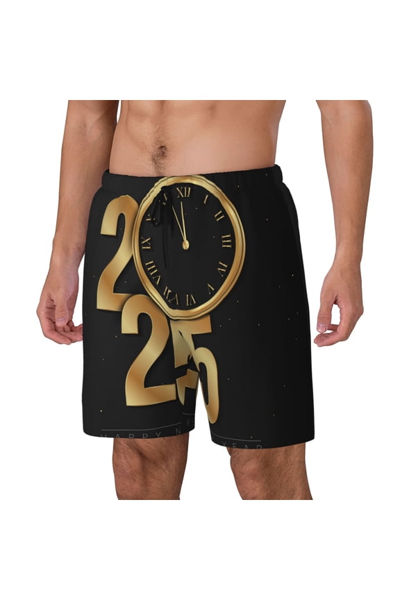 2025 Happy New Year Print Men's Swim Trunk,Quick Dry Board Shorts ,Men's Swim Trunks with Compression Liner, Bathing Suits with Pockets-XX-Large