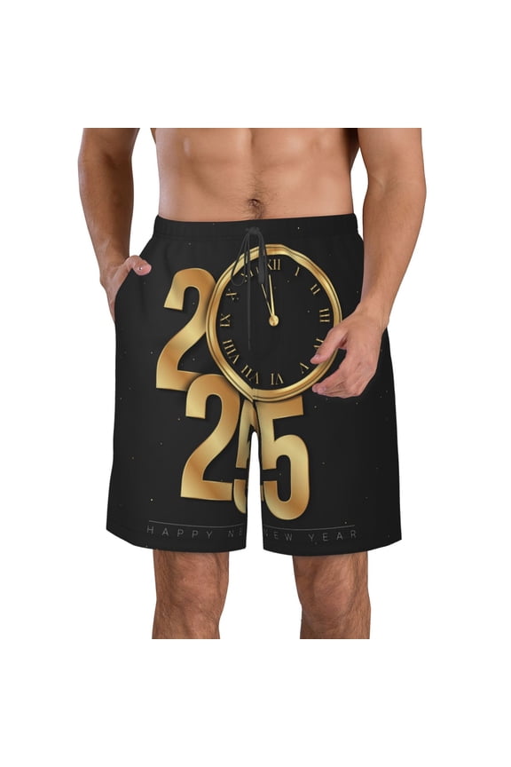 2025 Happy New Year Print Mens Swim Trunks Quick Dry Board Shorts,Breathable Hawaii Beach Shorts Swimwear Bathing Suits-Medium