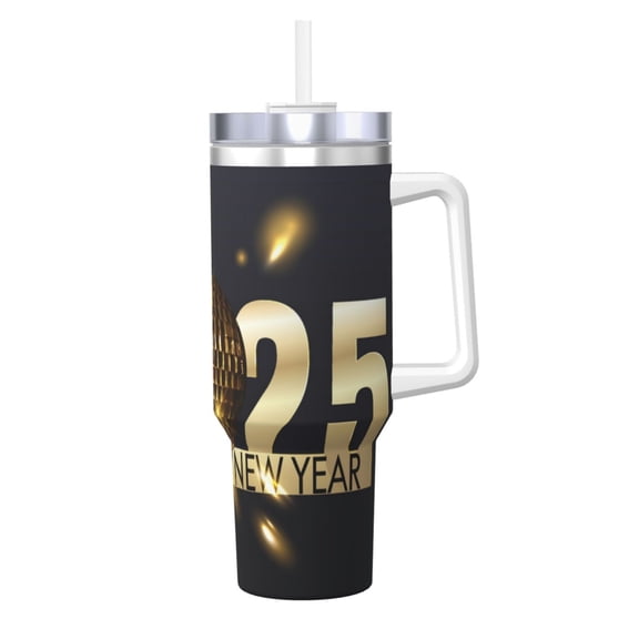 Logiee 2025 New Year 3 Print 40OZ Ice Bully Cup with Handle and Straw, Double Wall Stainless Steel Tumbler,Travel Coffee Cup with Lid, Summer Insulation and Cooling Cup
