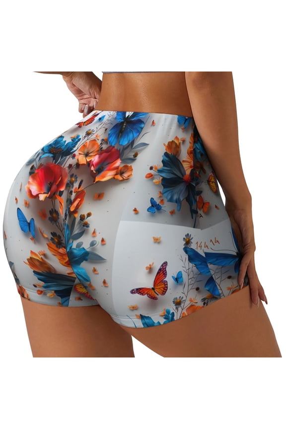 3D Butterfly Print Women's Biker Shorts,Workout Gym Shorts,Scrunch Shorts,Tummy Control Hidden Scrunch Running Yoga Shorts-Medium