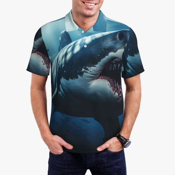 Logiee 3D Realistic Shark Print Mens Polo Shirts,Mens Golf Polo Shirts,Short Sleeve Casual Polo Shirts for Men,Summer Fashion Beach Shirts-Medium
