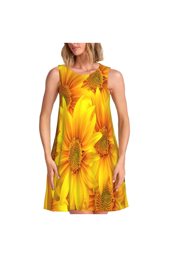 3D Sunflowers Print Summer Dresses for Women,Beach Sleeveless Flowy Pocket Tshirt Tank Sundresses,Women's Sleeveless Dress