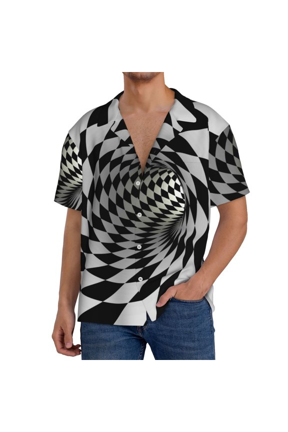 3D Vortex Illusion Print Men's Button Down Shirts Short Sleeve, Summer Beach Shirts,Vacation Wedding Shirts,Men's Casual Button-Down Shirts with Pocket-Large