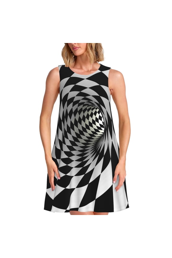 3D Vortex Illusion Print Summer Dresses for Women,Beach Sleeveless Flowy Pocket Tshirt Tank Sundresses,Women's Sleeveless Dress