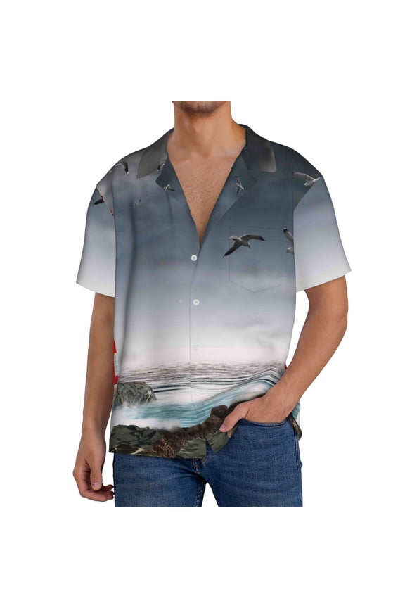 3d Lighthouse in the Surf Print Men's Button Down Shirts Short Sleeve, Summer Beach Shirts,Vacation Wedding Shirts,Men's Casual Button-Down Shirts with Pocket-Large