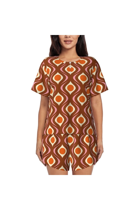 70's Retro Print Womens Pajamas Set,Short-Sleeve Pajama 2 Piece Sleepwear with Pockets-Large
