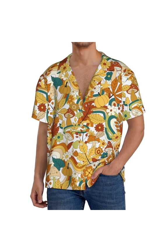 70s Groovy Hippie Print Men's Button Down Shirts Short Sleeve, Summer Beach Shirts,Vacation Wedding Shirts,Men's Casual Button-Down Shirts with Pocket-Small