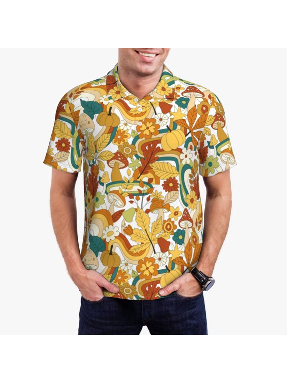 70s Groovy Hippie Print Mens Polo Shirts,Mens Golf Polo Shirts,Short Sleeve Casual Polo Shirts for Men,Summer Fashion Beach Shirts-Medium