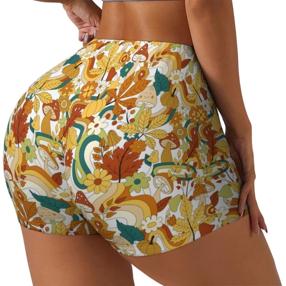 Logiee 70s Groovy Hippie Print Women's Biker Shorts,Workout Gym Shorts,Scrunch Shorts,Tummy Control Hidden Scrunch Running Yoga Shorts-XX-Large