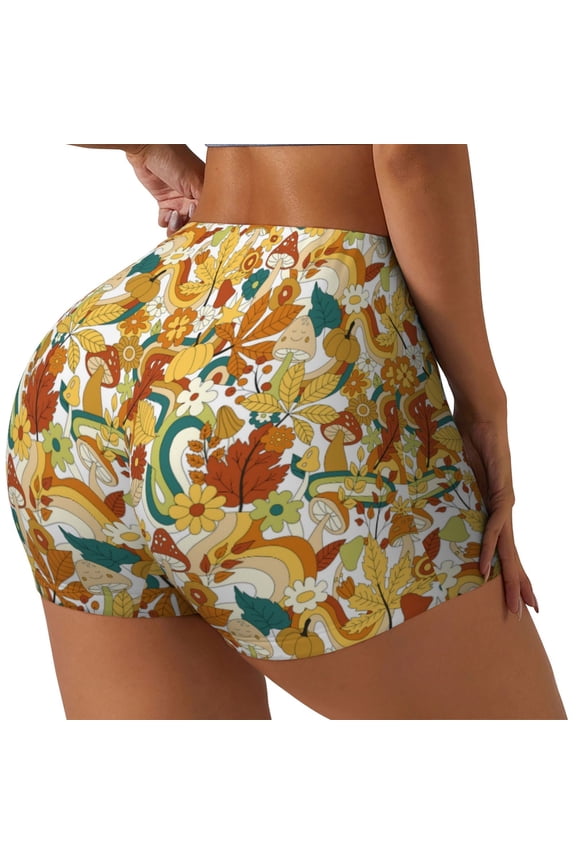 70s Groovy Hippie Print Women's Biker Shorts,Workout Gym Shorts,Scrunch Shorts,Tummy Control Hidden Scrunch Running Yoga Shorts-