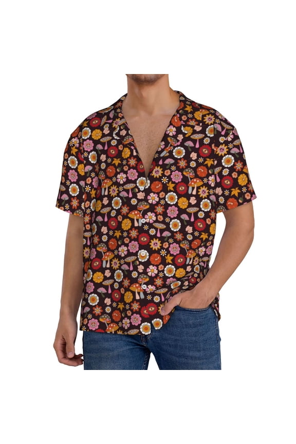 70s Groovy Hippie Retro Print Men's Button Down Shirts Short Sleeve, Summer Beach Shirts,Vacation Wedding Shirts,Men's Casual Button-Down Shirts with Pocket-3X-Large