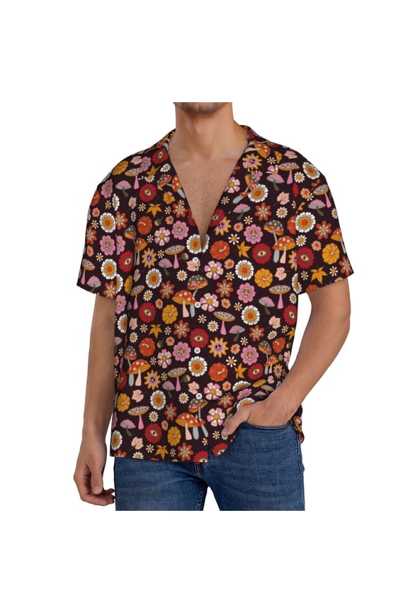 70s Groovy Hippie Retro Print Men's Button Down Shirts Short Sleeve, Summer Beach Shirts,Vacation Wedding Shirts,Men's Casual Button-Down Shirts with Pocket-X-Large