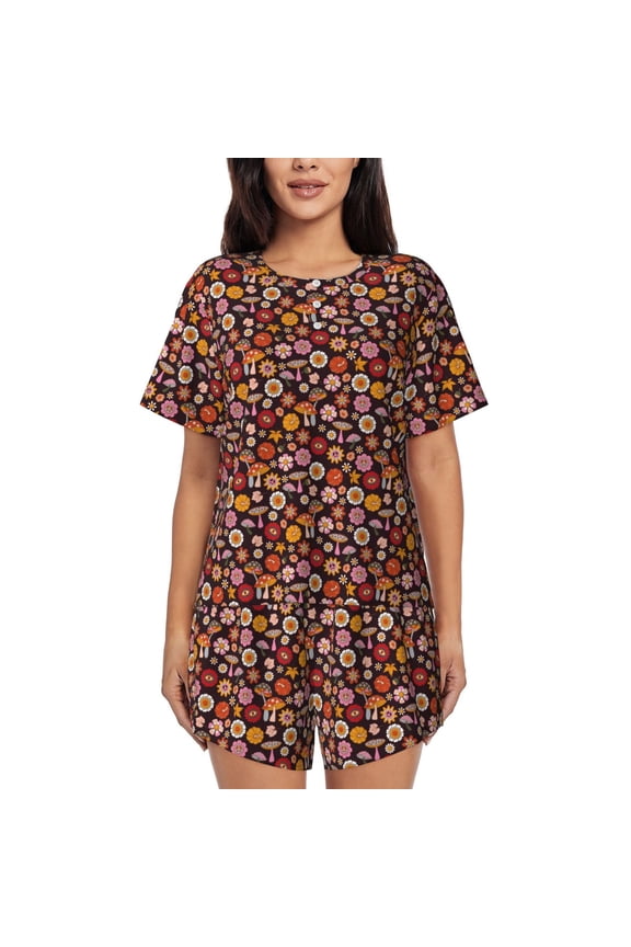 70s Groovy Hippie Retro Print Womens Pajamas Set,Short-Sleeve Pajama 2 Piece Sleepwear with Pockets-Small